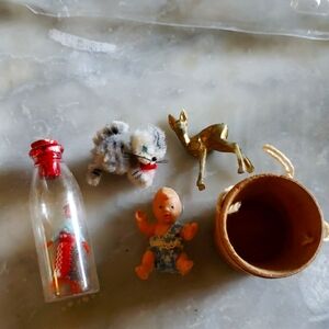 Doll house miniatures vintage mix. Doll in bottle kitten golden deer baby pail